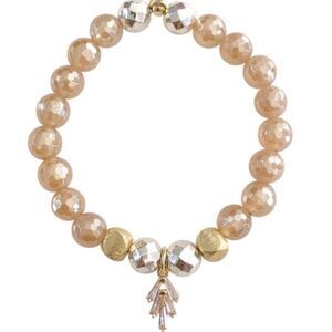 Stretch Bracelet with Stone Beads & CZ Baguette Charm BRAND NEW Blush Agate